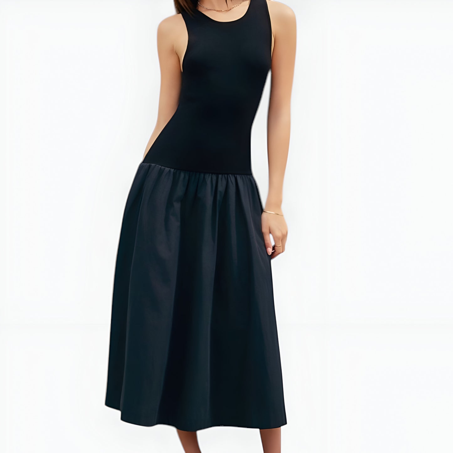 Sleeveless Mixed-Media Midi Dress with Fitted Bodice and Full Skirt