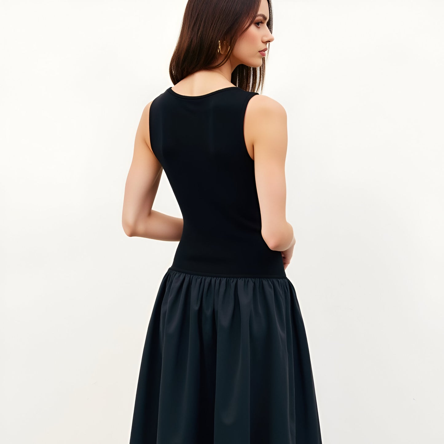 Sleeveless Mixed-Media Midi Dress with Fitted Bodice and Full Skirt