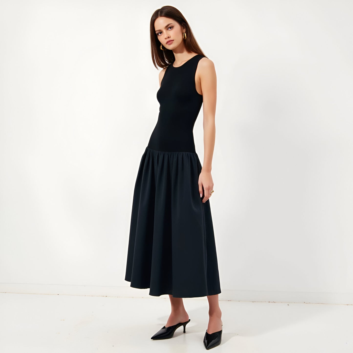 Sleeveless Mixed-Media Midi Dress with Fitted Bodice and Full Skirt