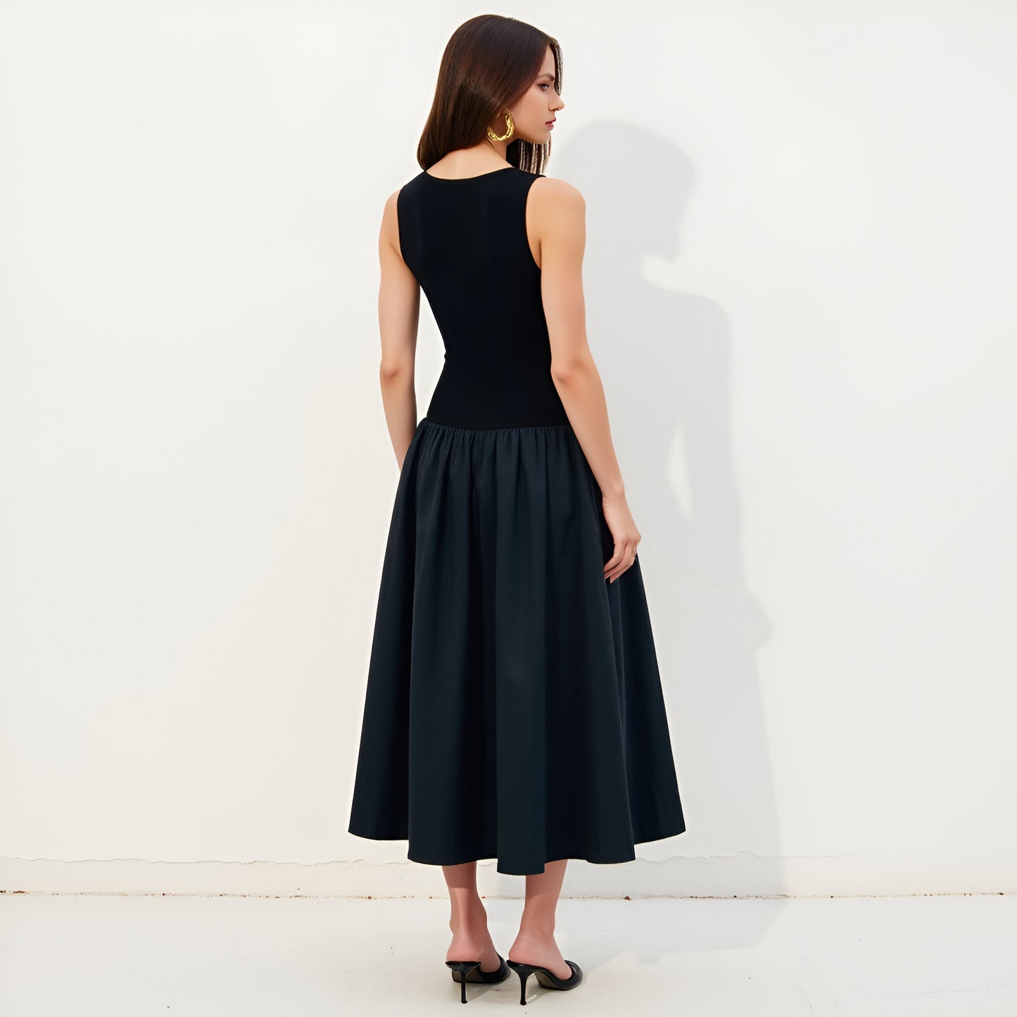Sleeveless Mixed-Media Midi Dress with Fitted Bodice and Full Skirt