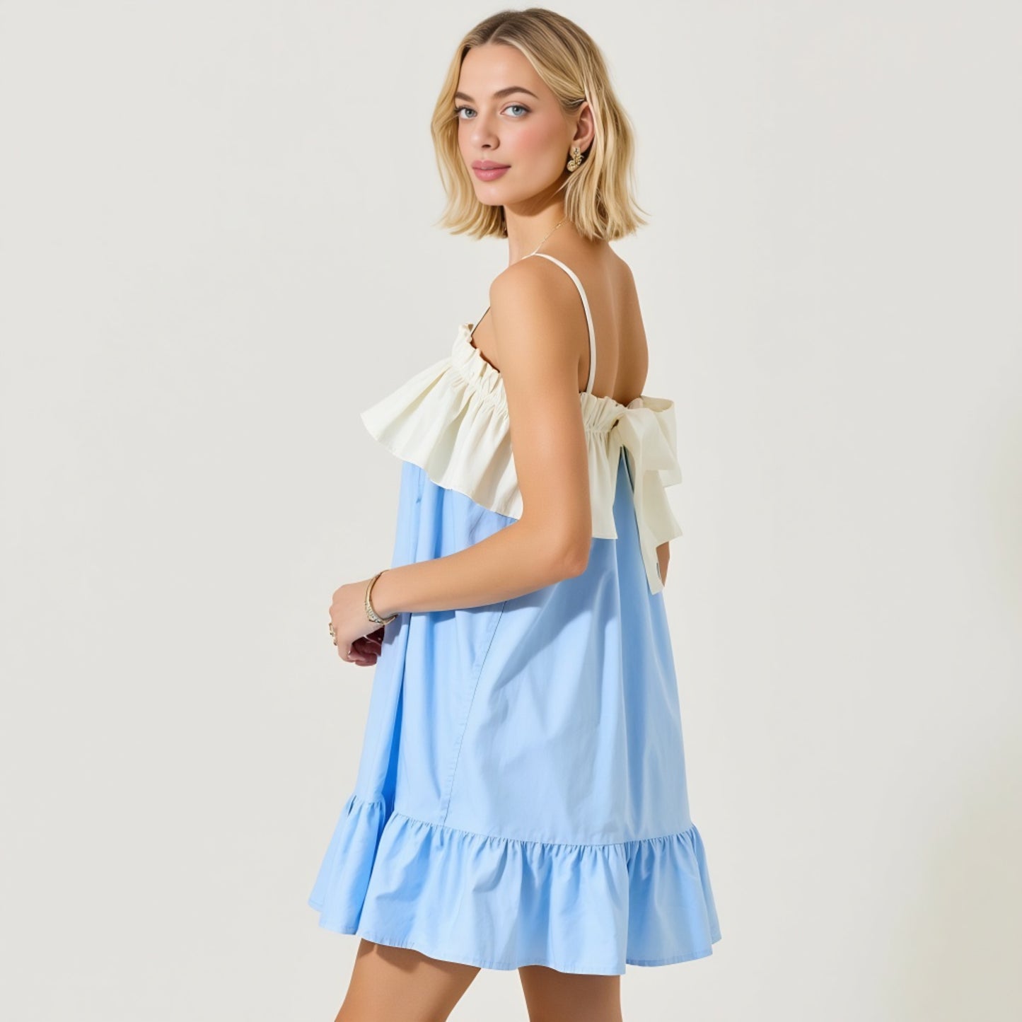 Ruffle Trim Babydoll Mini Dress with Adjustable Spaghetti Straps