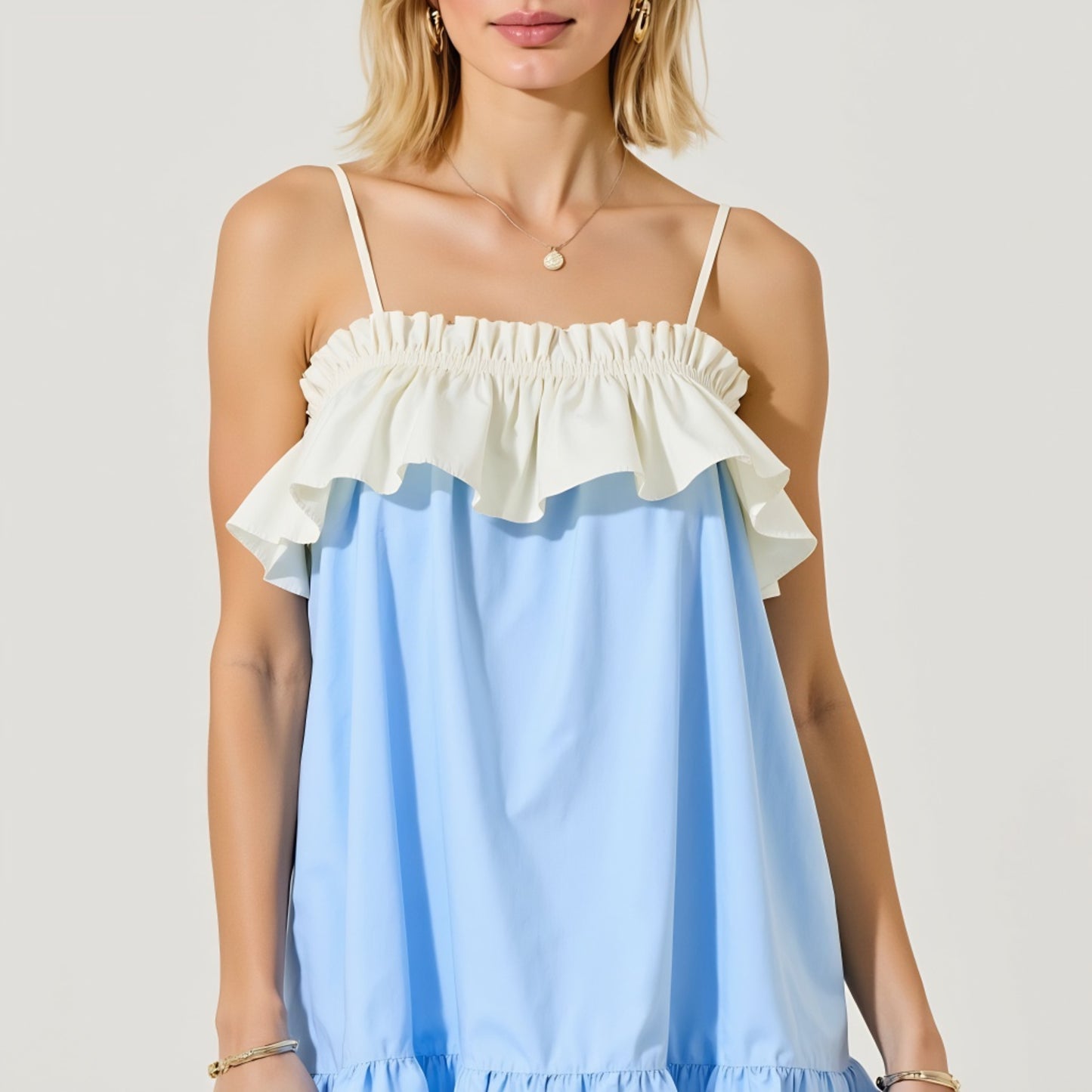 Ruffle Trim Babydoll Mini Dress with Adjustable Spaghetti Straps
