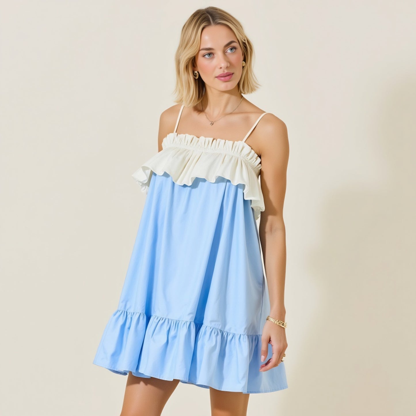 Ruffle Trim Babydoll Mini Dress with Adjustable Spaghetti Straps