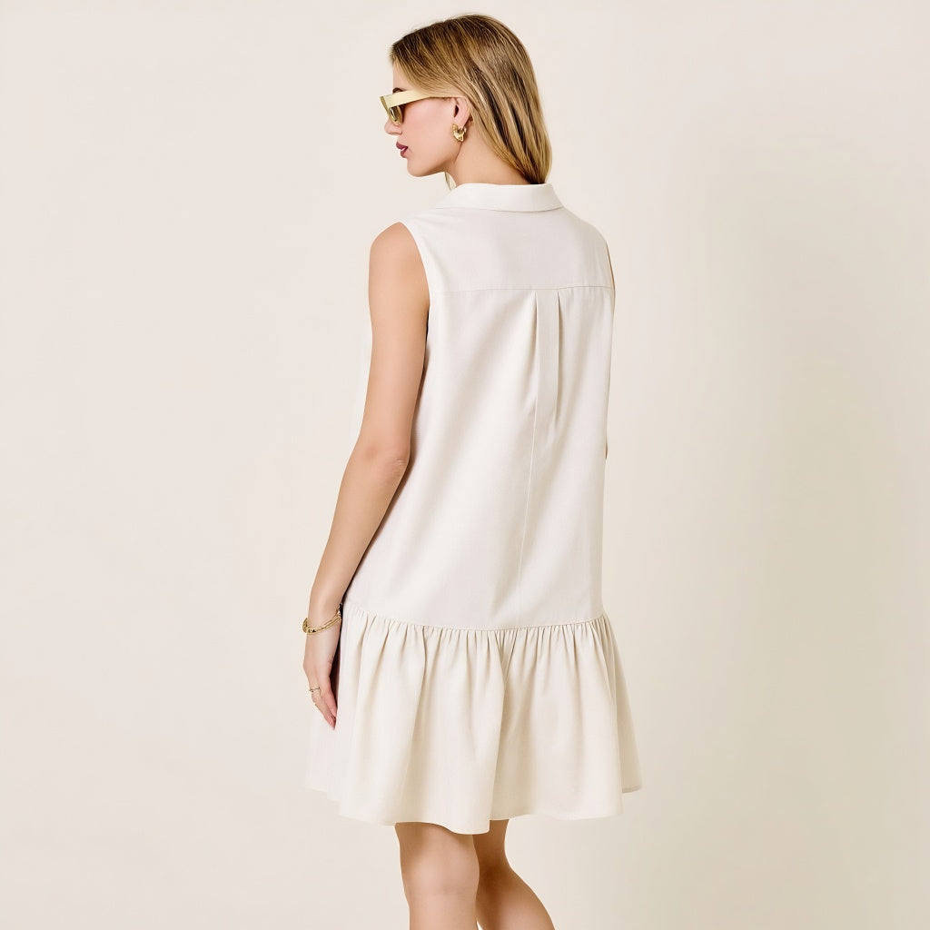 Sleeveless Collared Drop Waist Dress with Front Pocket Detail