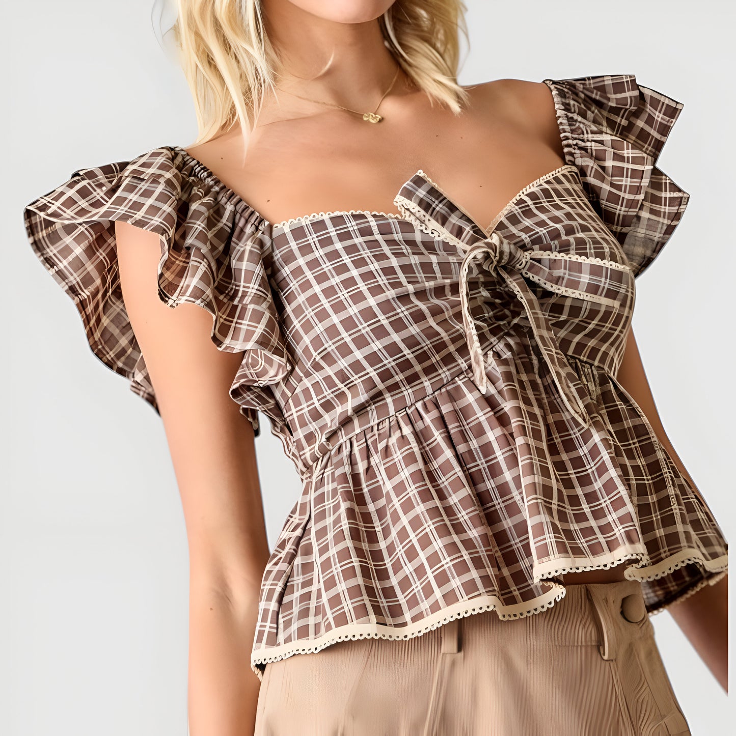 Gingham Peplum Top with Flutter Sleeves and Front Tie Detail