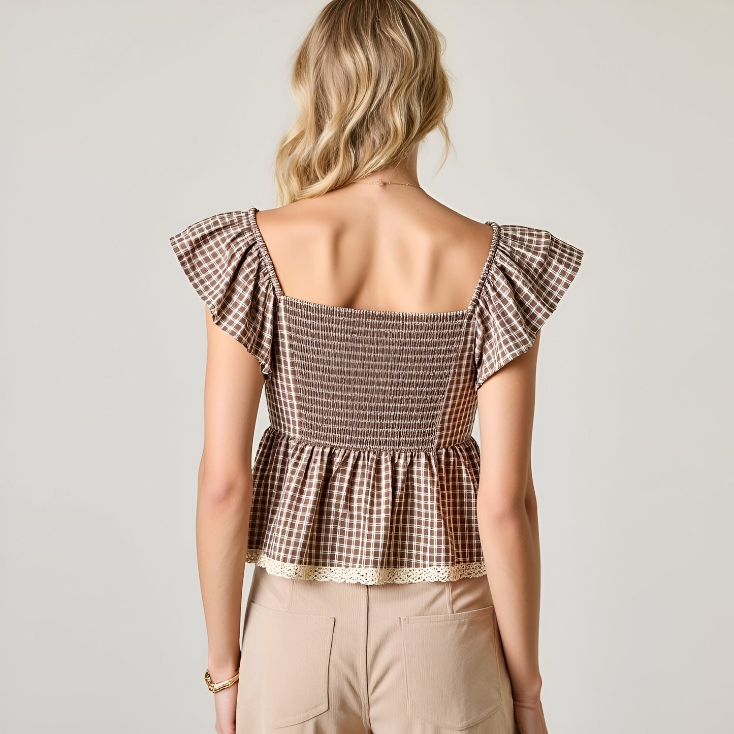 Gingham Peplum Top with Flutter Sleeves and Front Tie Detail