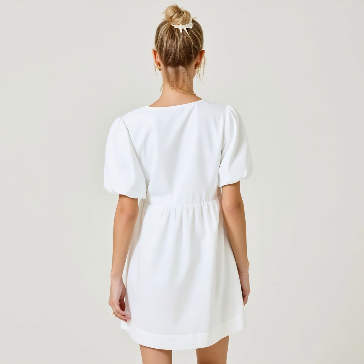 Puff Sleeve Mini Dress with Keyhole Front and Bow Tie Detail