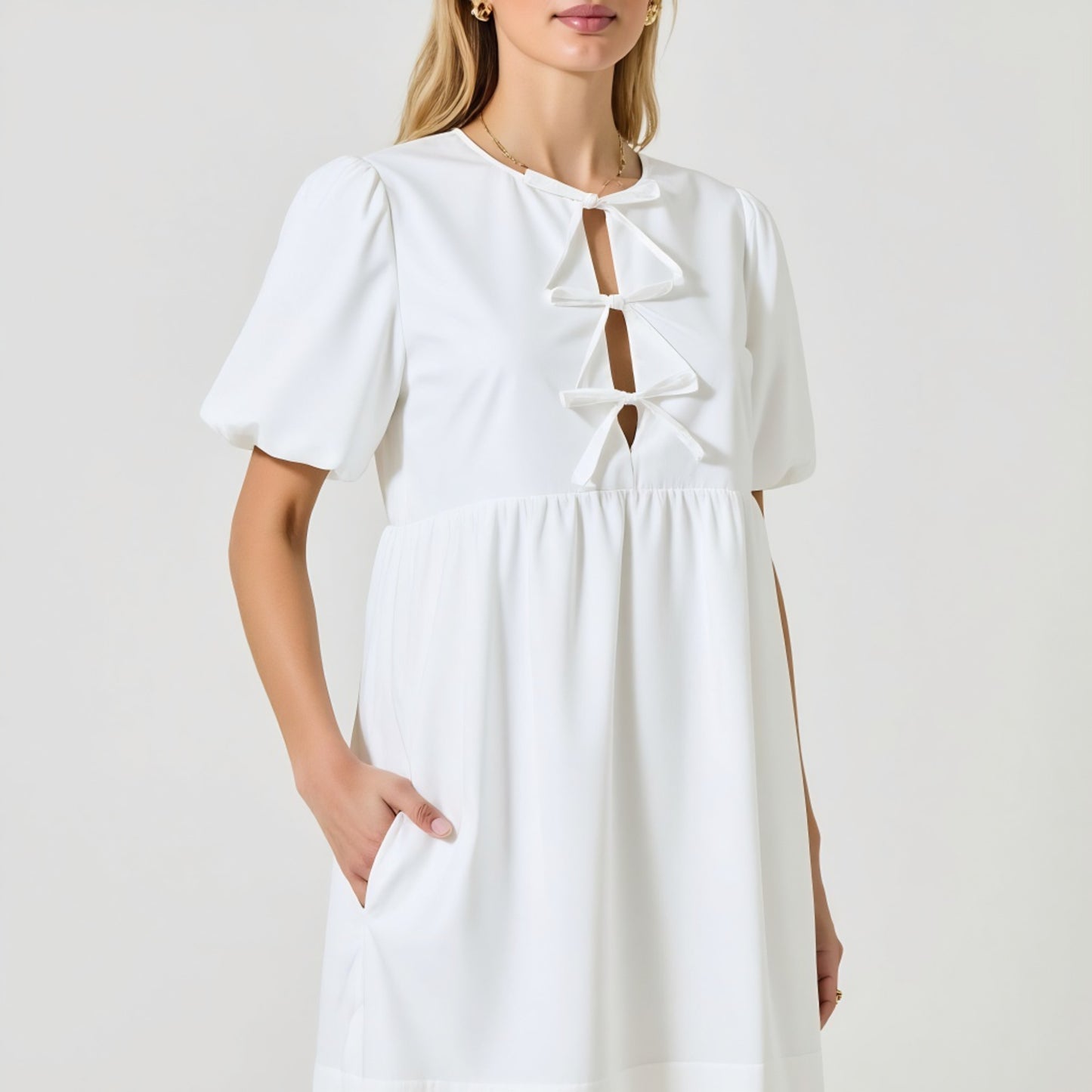 Puff Sleeve Mini Dress with Keyhole Front and Bow Tie Detail