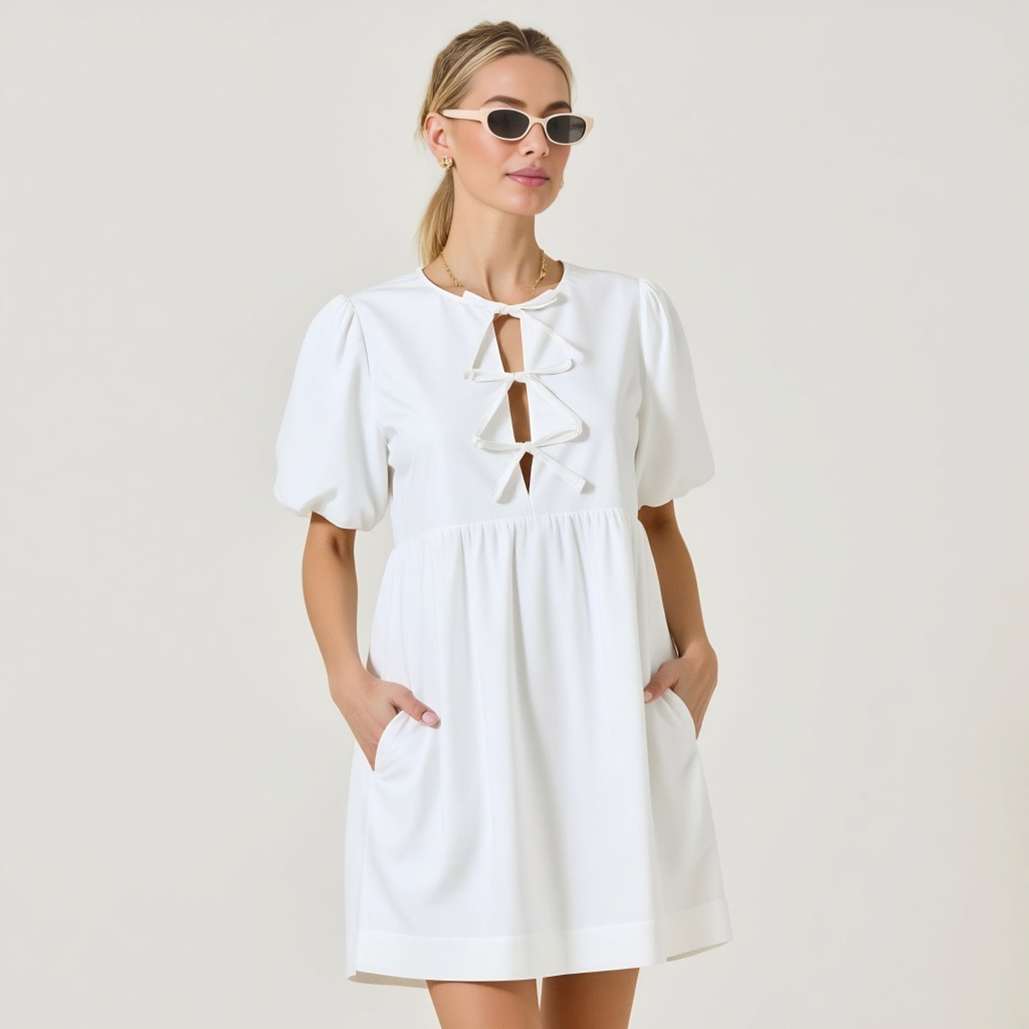 Puff Sleeve Mini Dress with Keyhole Front and Bow Tie Detail