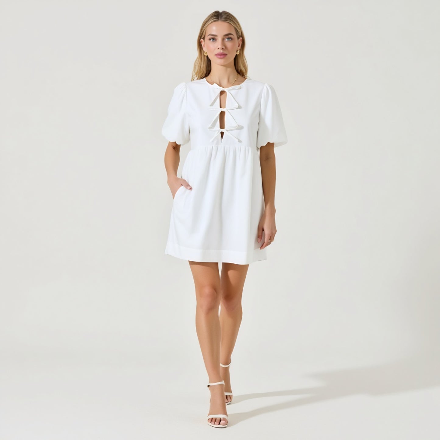 Puff Sleeve Mini Dress with Keyhole Front and Bow Tie Detail