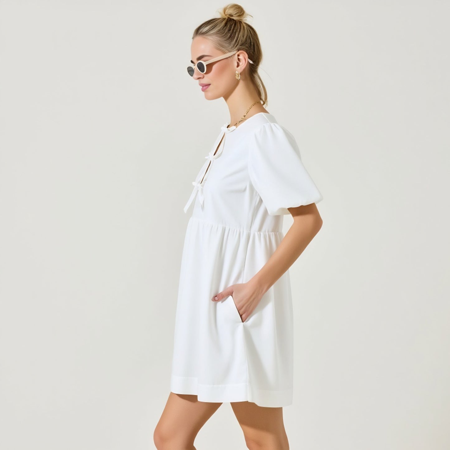 Puff Sleeve Mini Dress with Keyhole Front and Bow Tie Detail