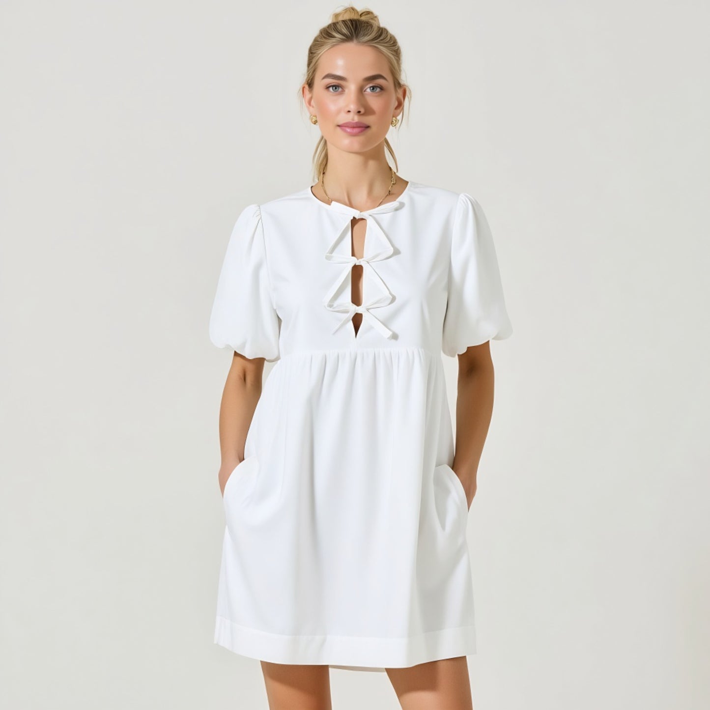 Puff Sleeve Mini Dress with Keyhole Front and Bow Tie Detail