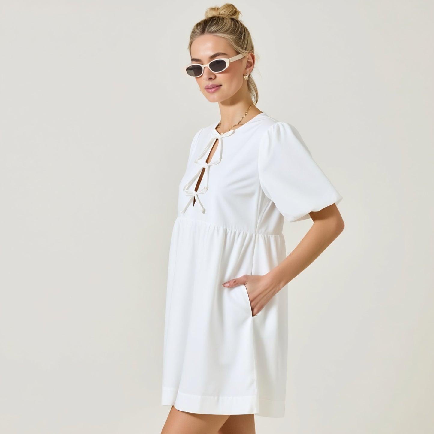Puff Sleeve Mini Dress with Keyhole Front and Bow Tie Detail