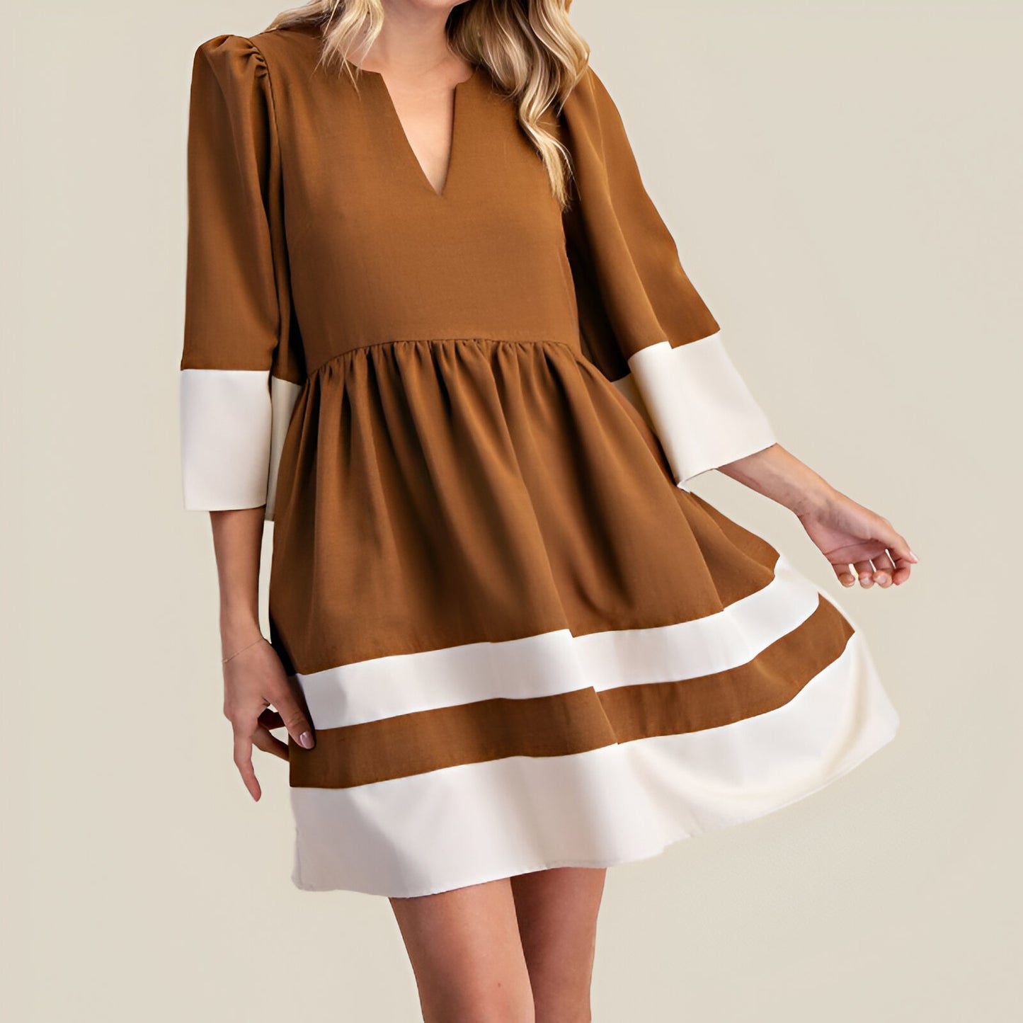 Fit and Flare Mini Dress with Cuffed Sleeves, Contrast Trim and V-Neck