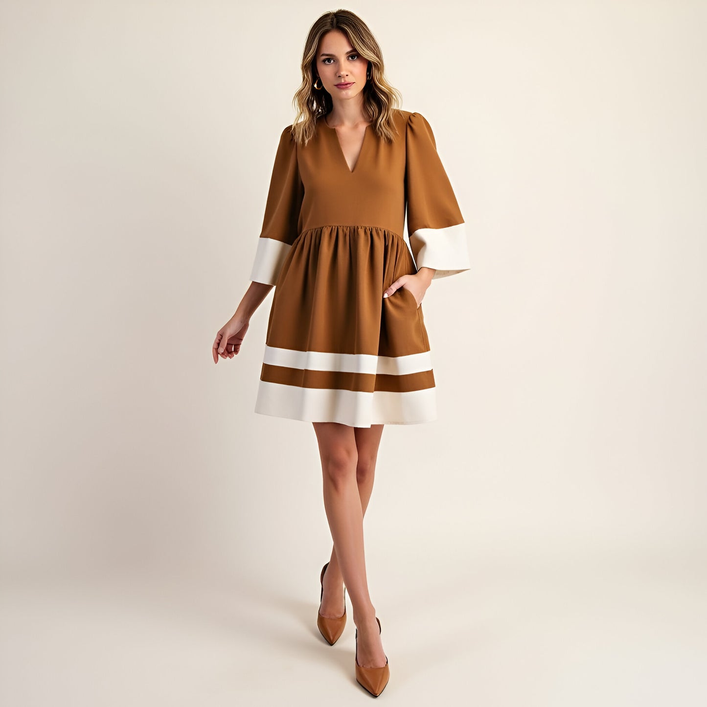 Fit and Flare Mini Dress with Cuffed Sleeves, Contrast Trim and V-Neck