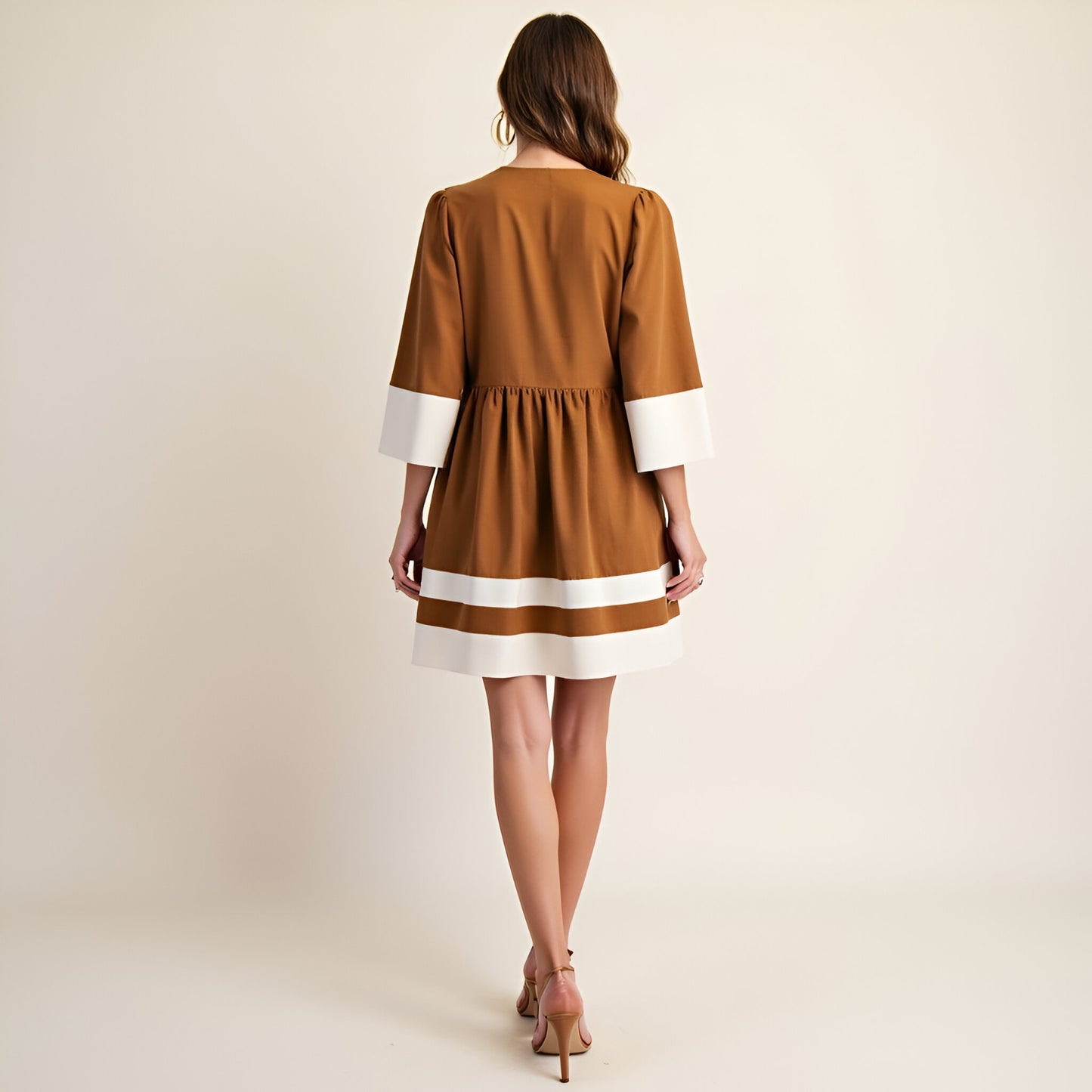 Fit and Flare Mini Dress with Cuffed Sleeves, Contrast Trim and V-Neck