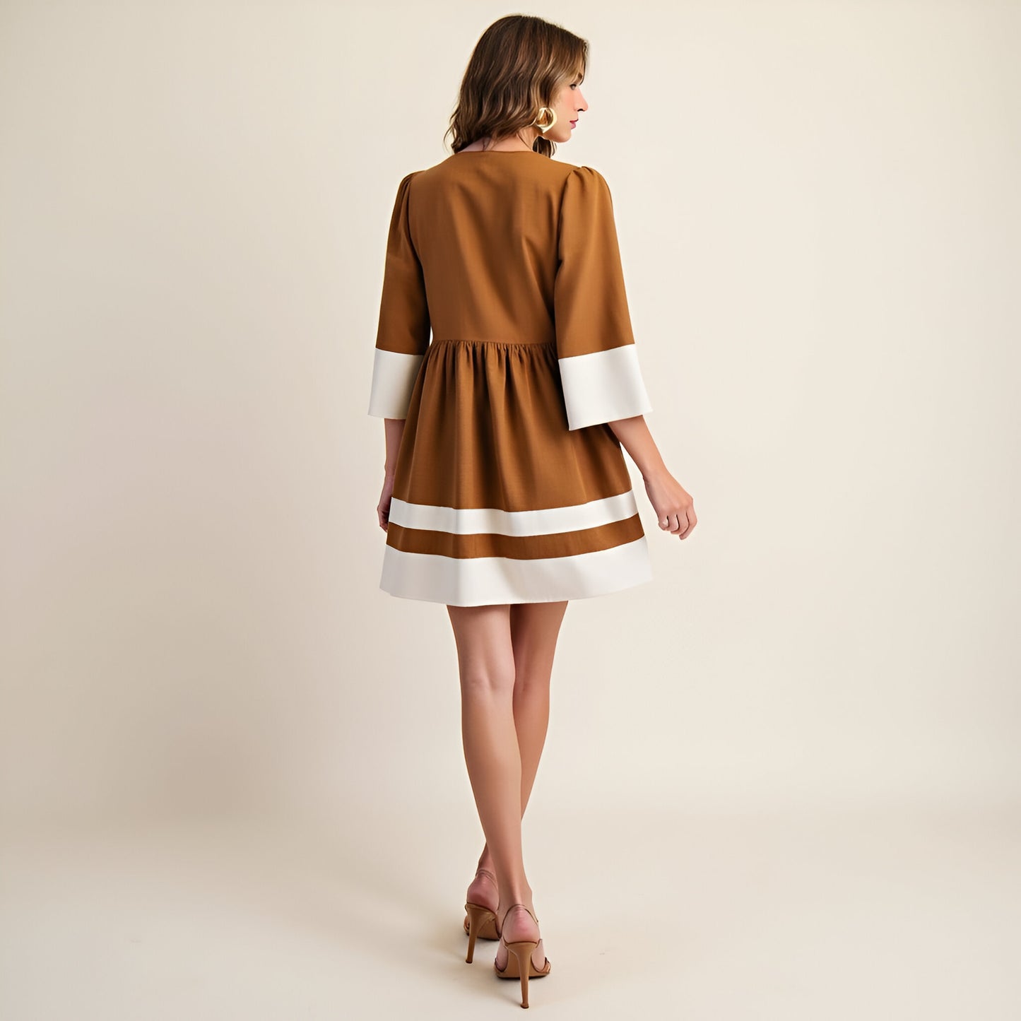 Fit and Flare Mini Dress with Cuffed Sleeves, Contrast Trim and V-Neck