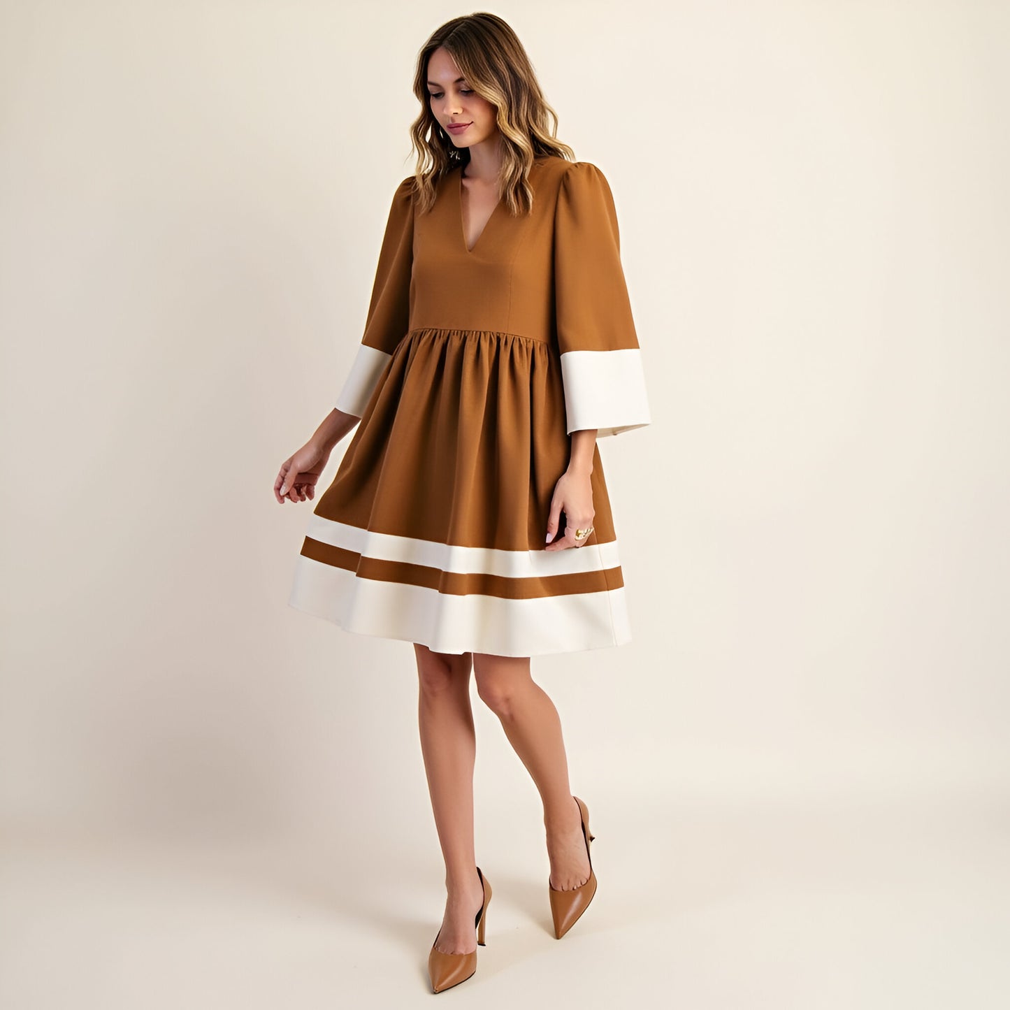 Fit and Flare Mini Dress with Cuffed Sleeves, Contrast Trim and V-Neck