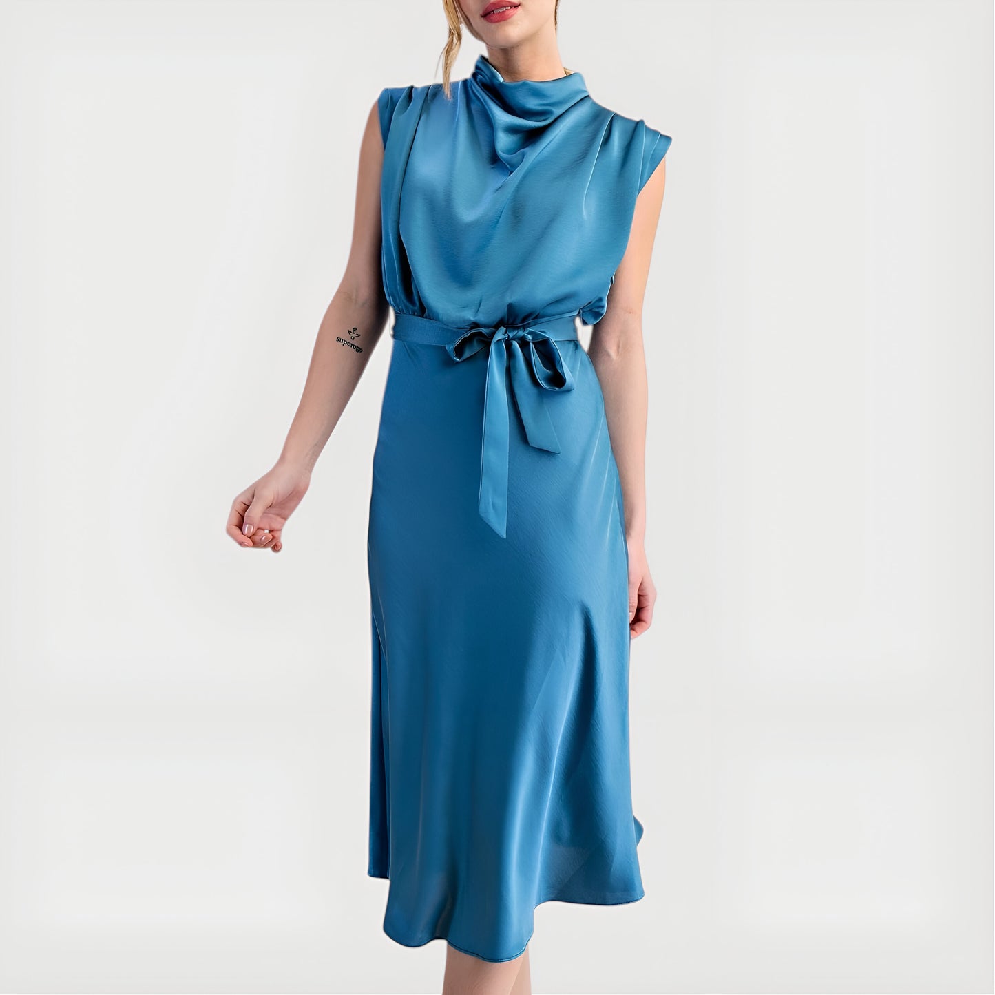 Sleeveless Satin Midi Dress with Cowl Neck and Waist Tie Detail