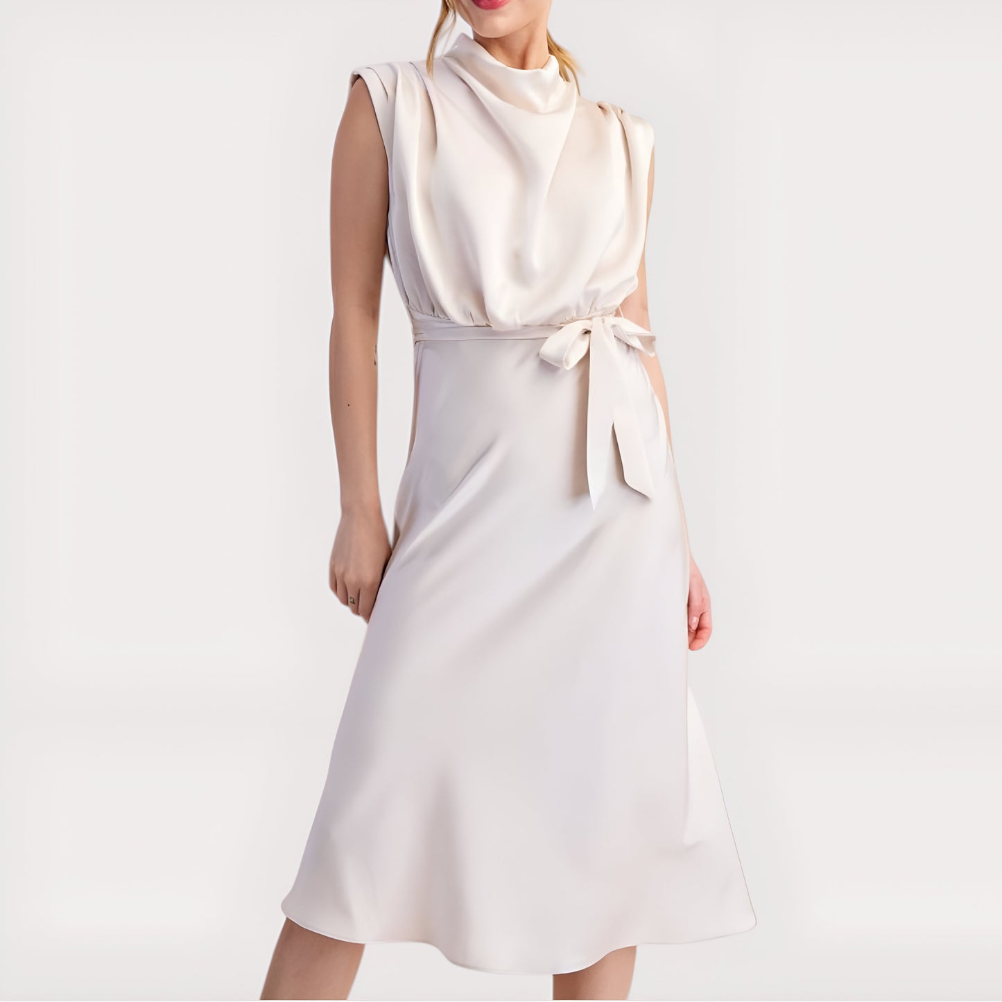 Sleeveless Satin Midi Dress with Cowl Neck and Waist Tie Detail