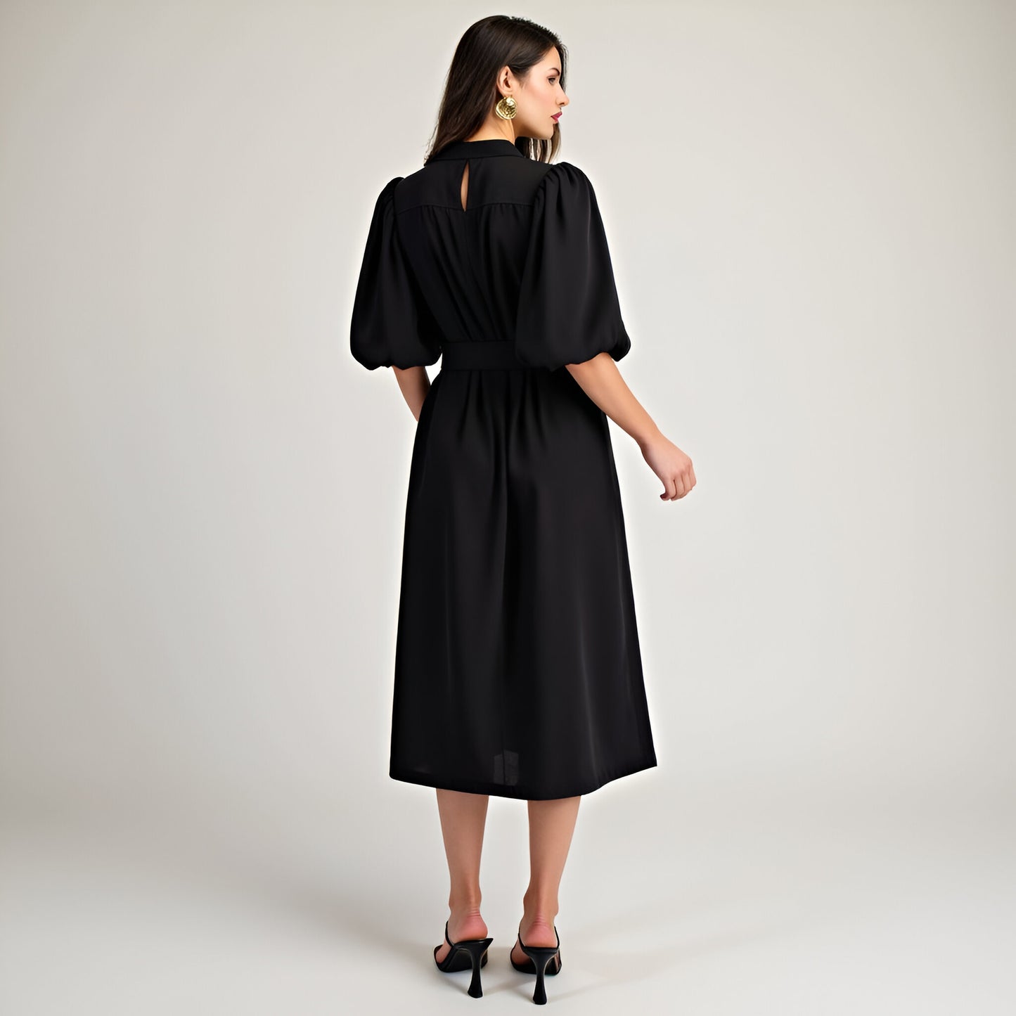 Belted Midi Dress with Puff Elbow Sleeves and Front Keyhole Detail