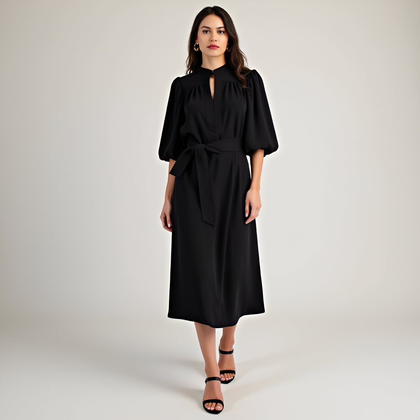 Belted Midi Dress with Puff Elbow Sleeves and Front Keyhole Detail