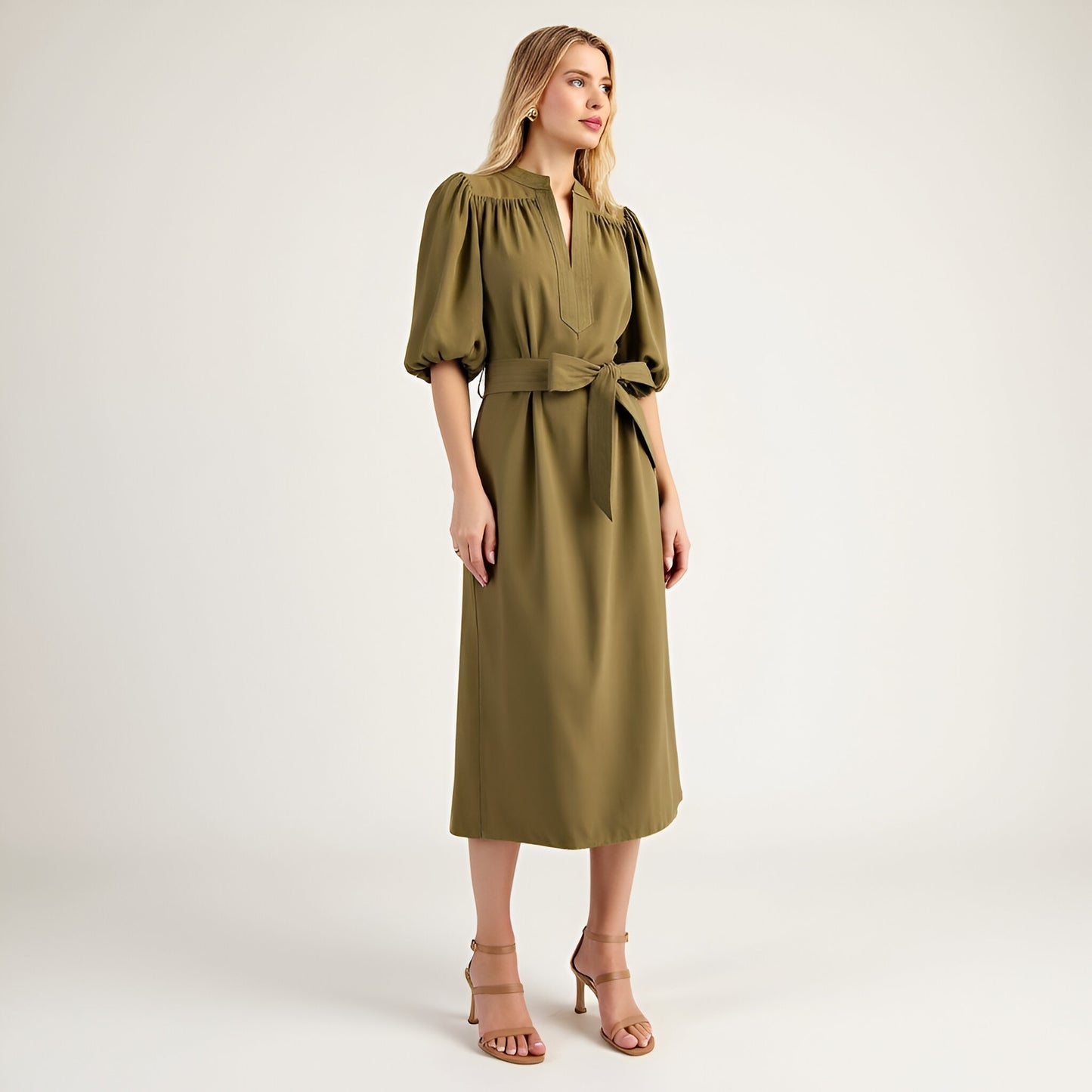 Belted Midi Dress with Puff Elbow Sleeves and Keyhole Neckline
