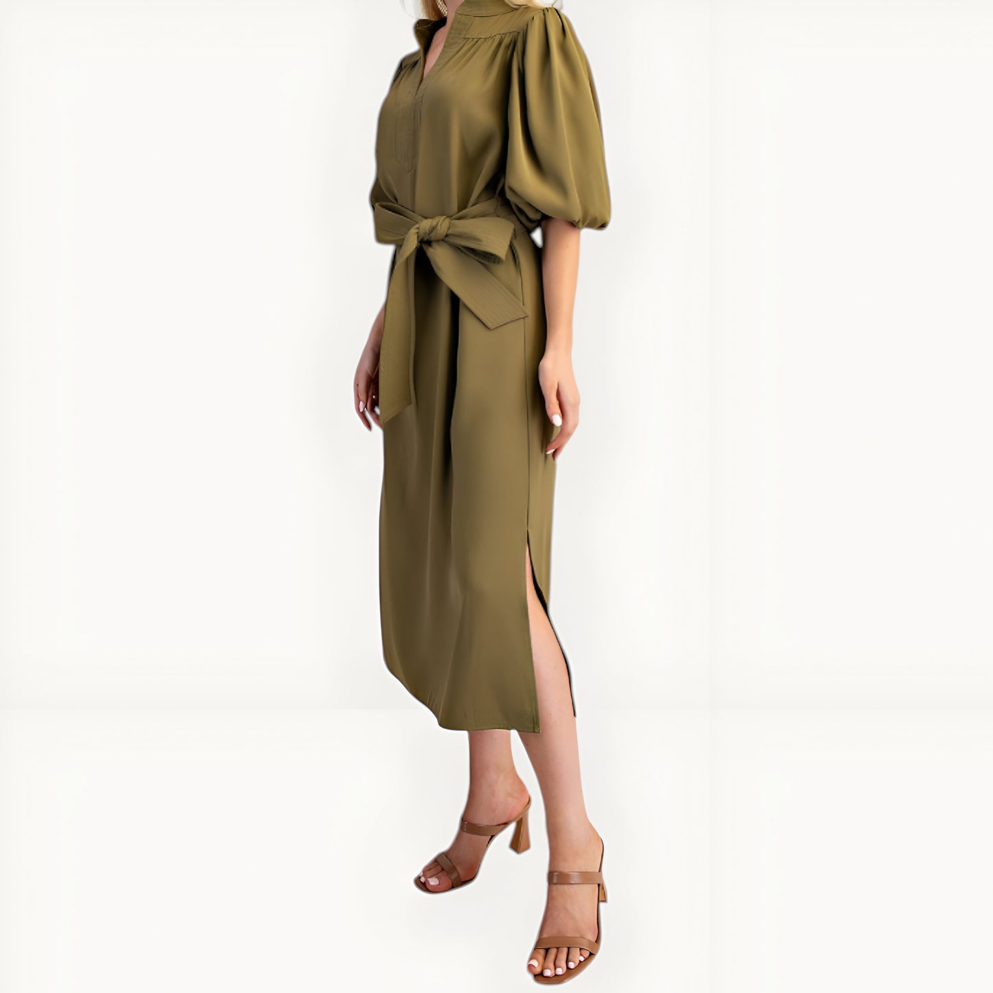 Belted Midi Dress with Puff Elbow Sleeves and Keyhole Neckline