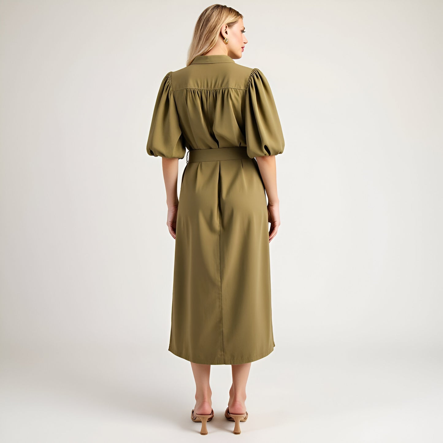 Belted Midi Dress with Puff Elbow Sleeves and Keyhole Neckline
