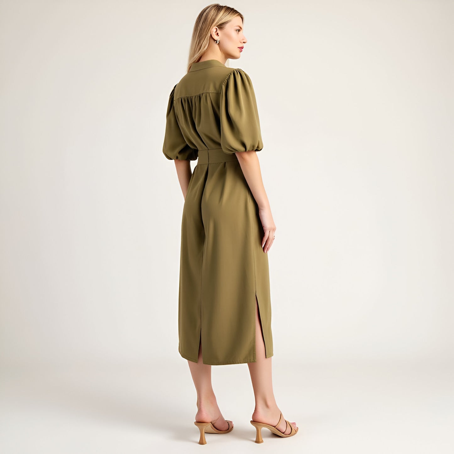 Belted Midi Dress with Puff Elbow Sleeves and Keyhole Neckline