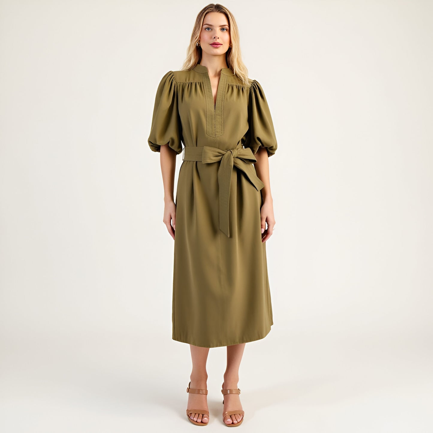 Belted Midi Dress with Puff Elbow Sleeves and Keyhole Neckline