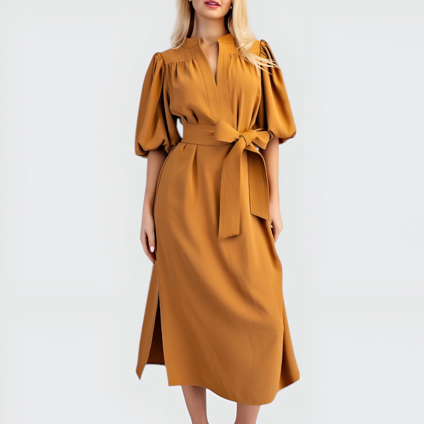 Belted Midi Dress with Puff Elbow Sleeves and Keyhole Neckline