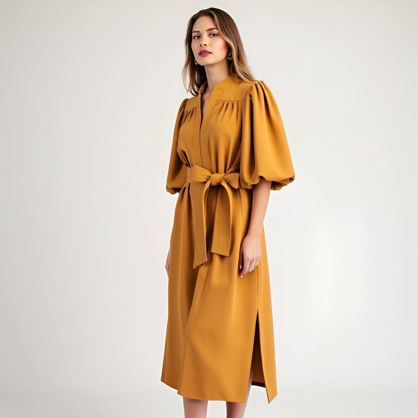 Belted Midi Dress with Puff Elbow Sleeves and Keyhole Neckline