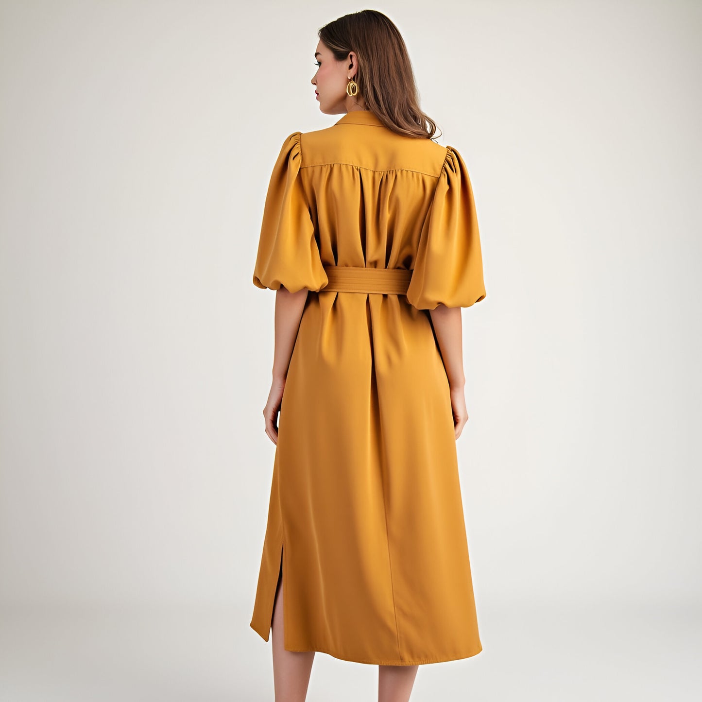 Belted Midi Dress with Puff Elbow Sleeves and Keyhole Neckline