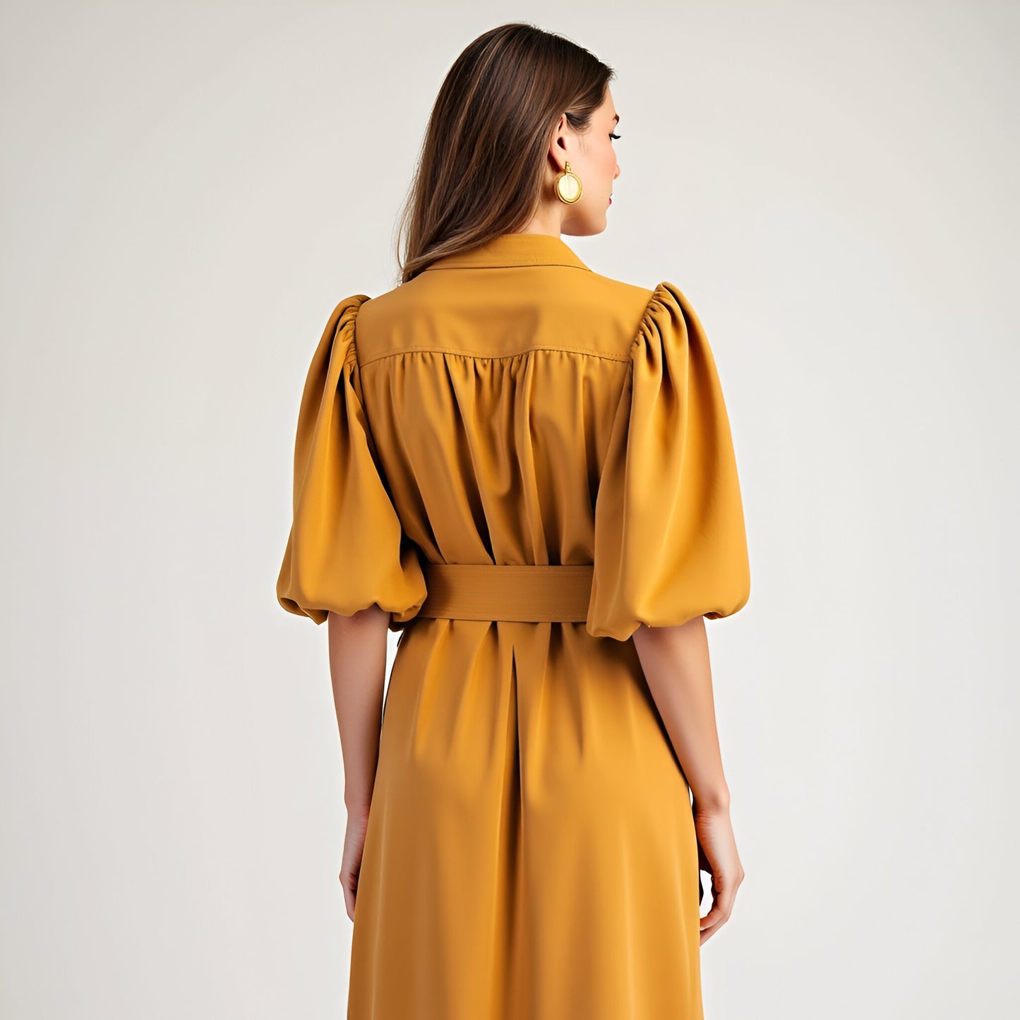 Belted Midi Dress with Puff Elbow Sleeves and Keyhole Neckline