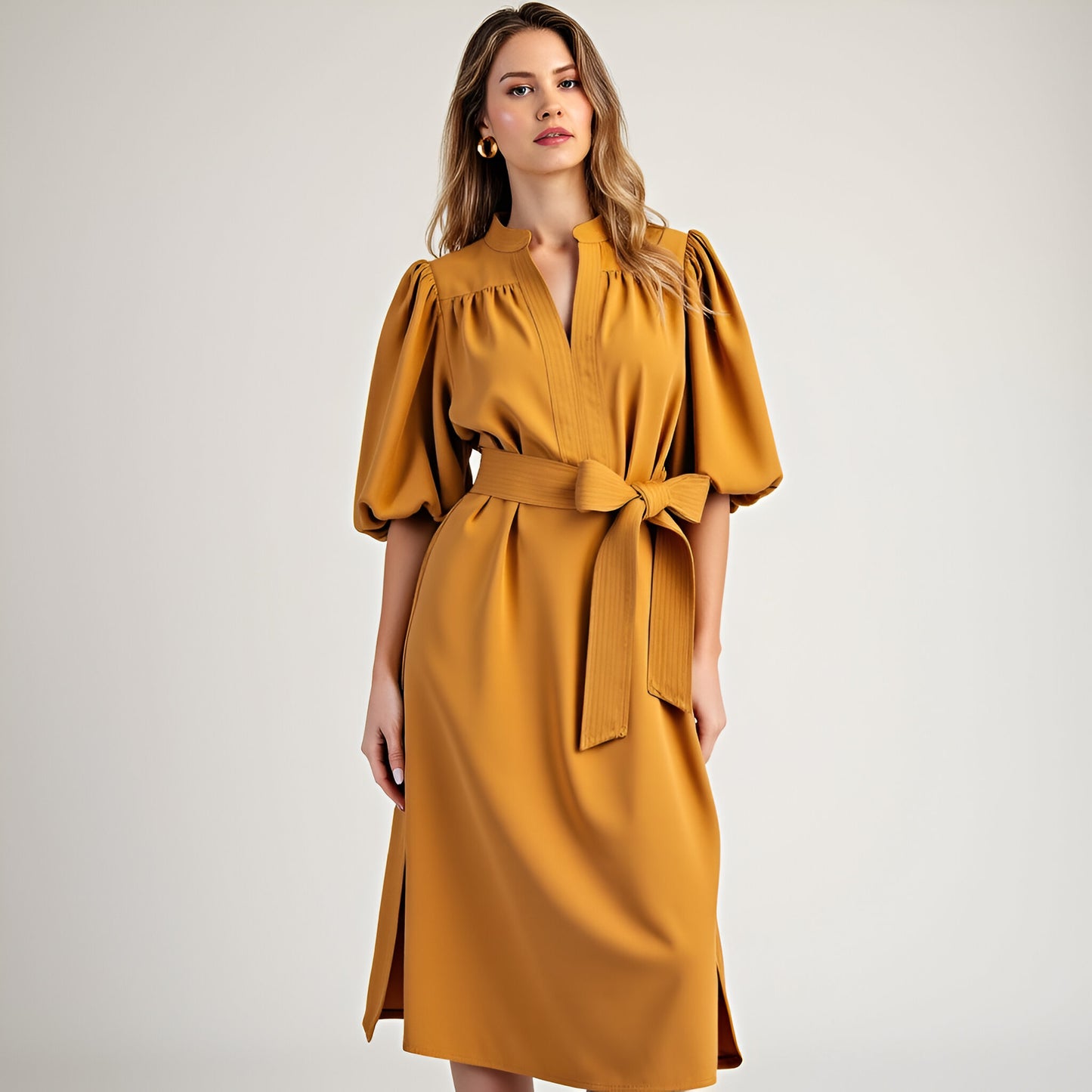 Belted Midi Dress with Puff Elbow Sleeves and Keyhole Neckline