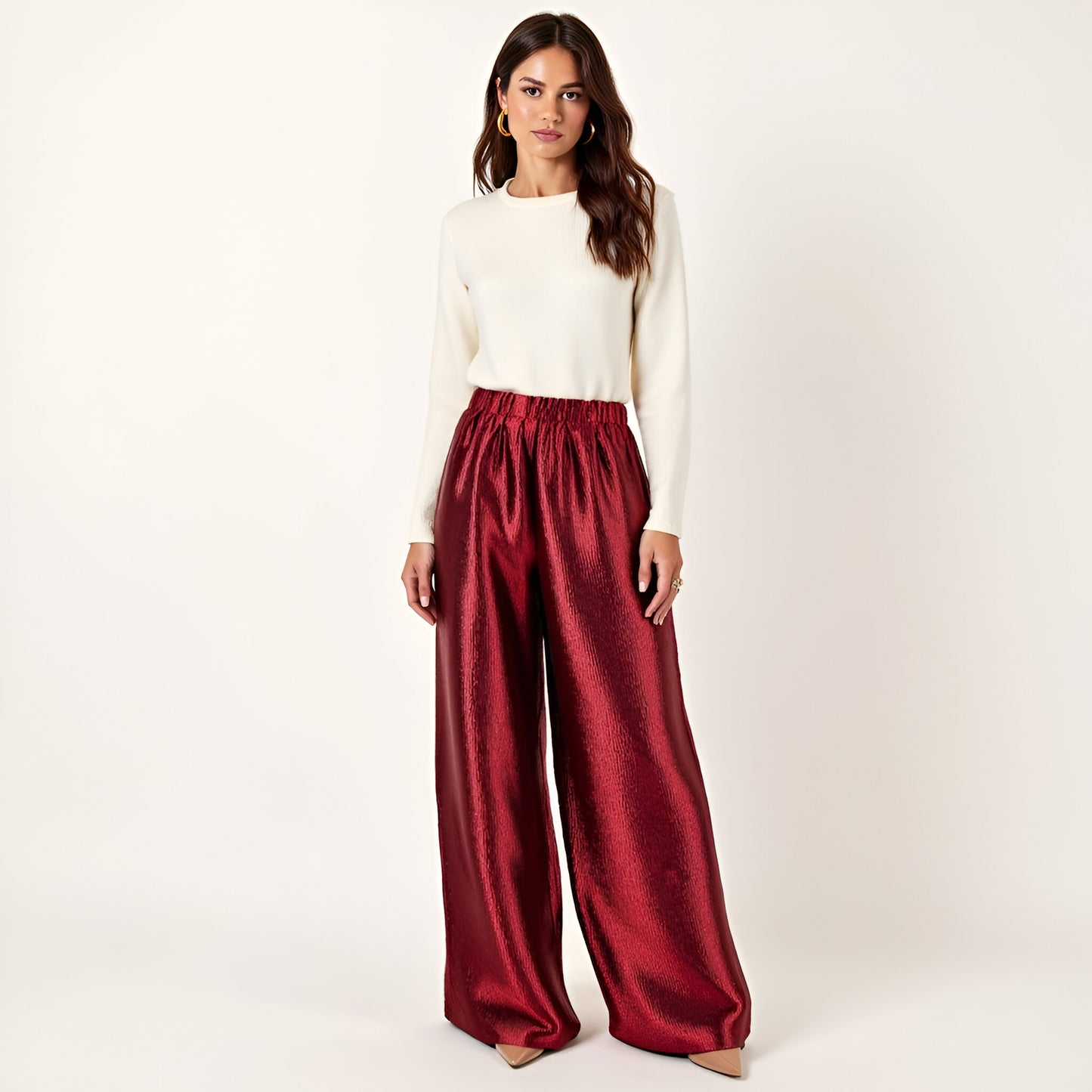 Wide Leg Satin Pants with Elastic Waist and Flowing Full-Length Fit