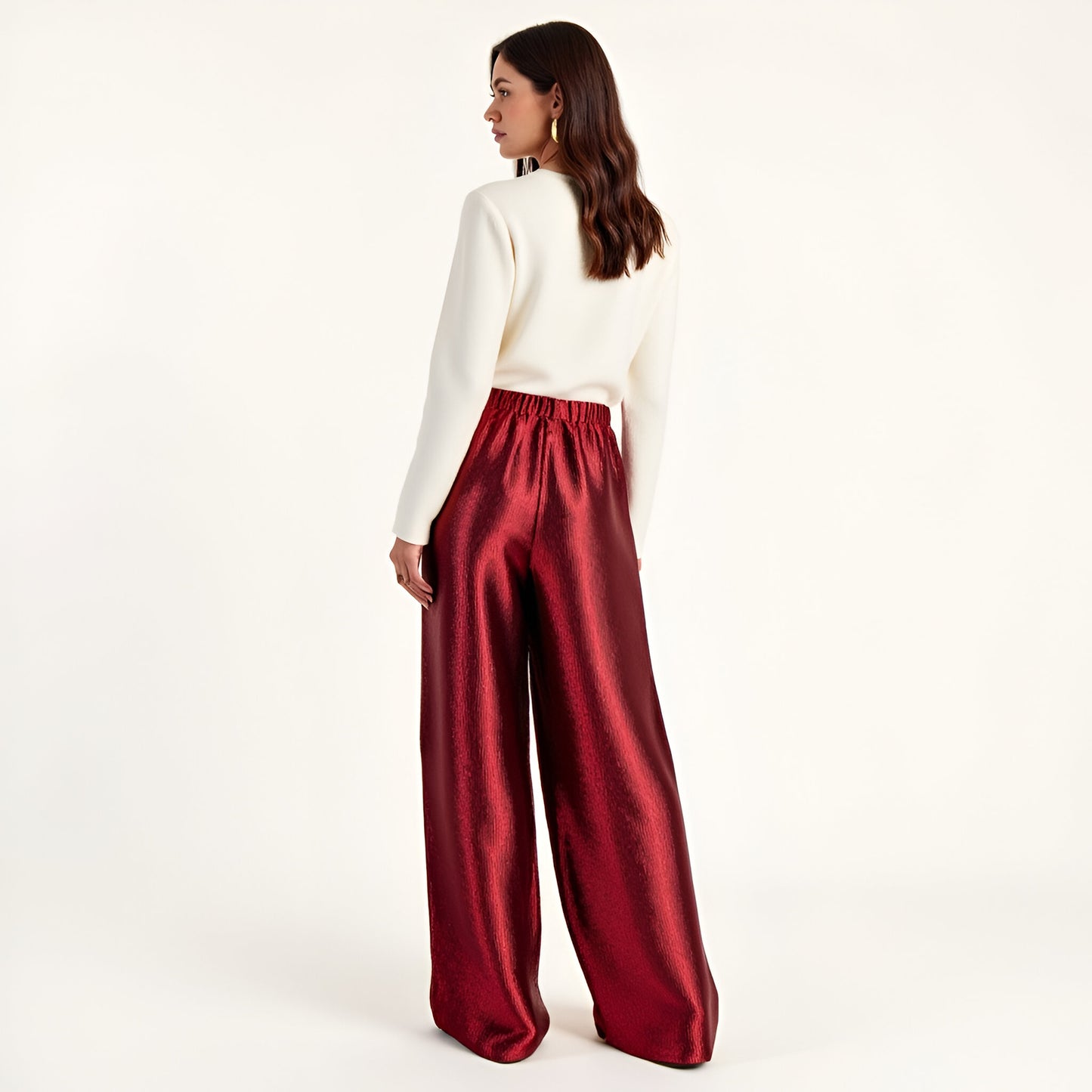 Wide Leg Satin Pants with Elastic Waist and Flowing Full-Length Fit