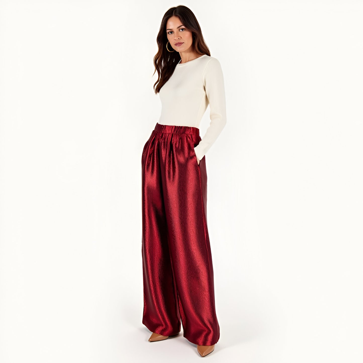 Wide Leg Satin Pants with Elastic Waist and Flowing Full-Length Fit