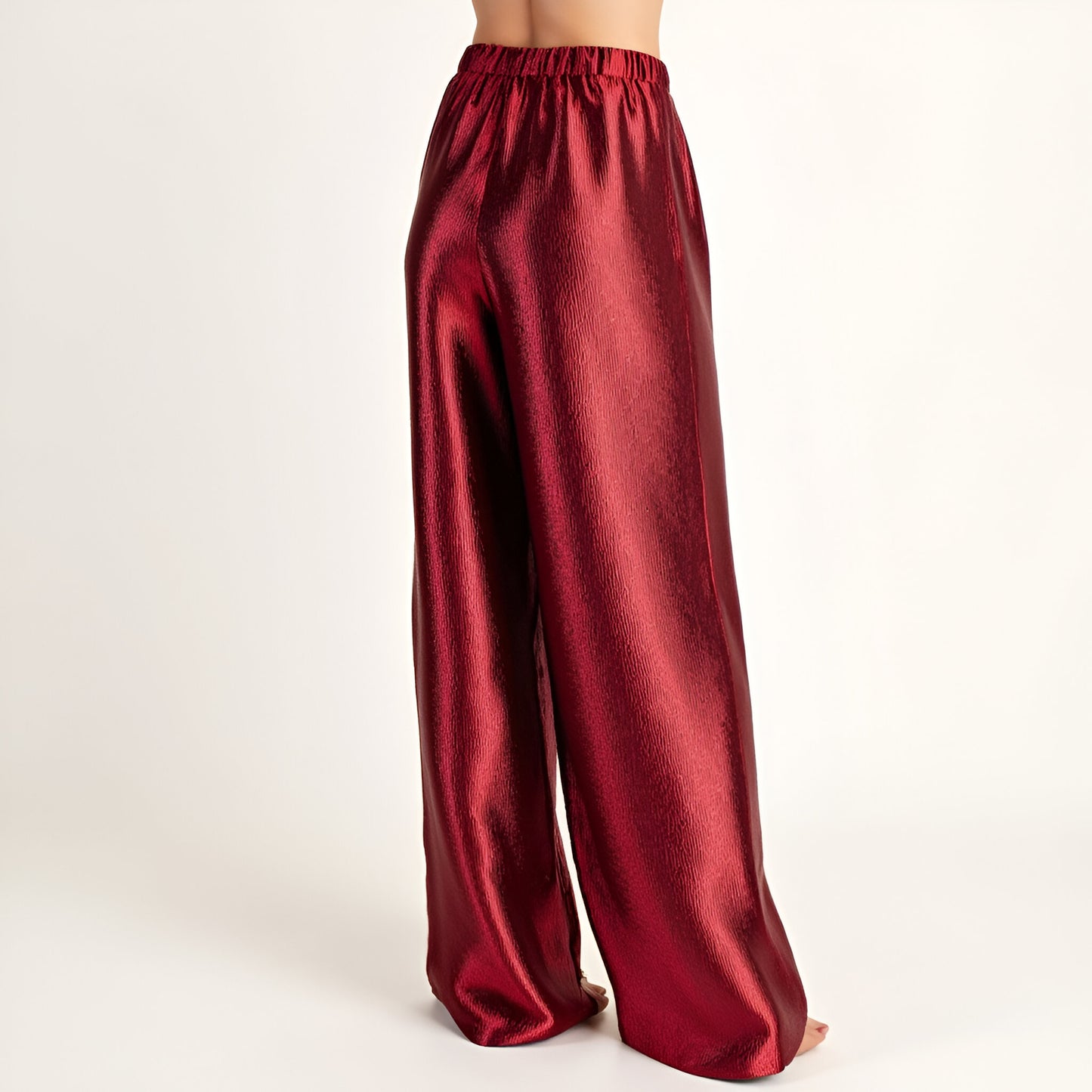 Wide Leg Satin Pants with Elastic Waist and Flowing Full-Length Fit