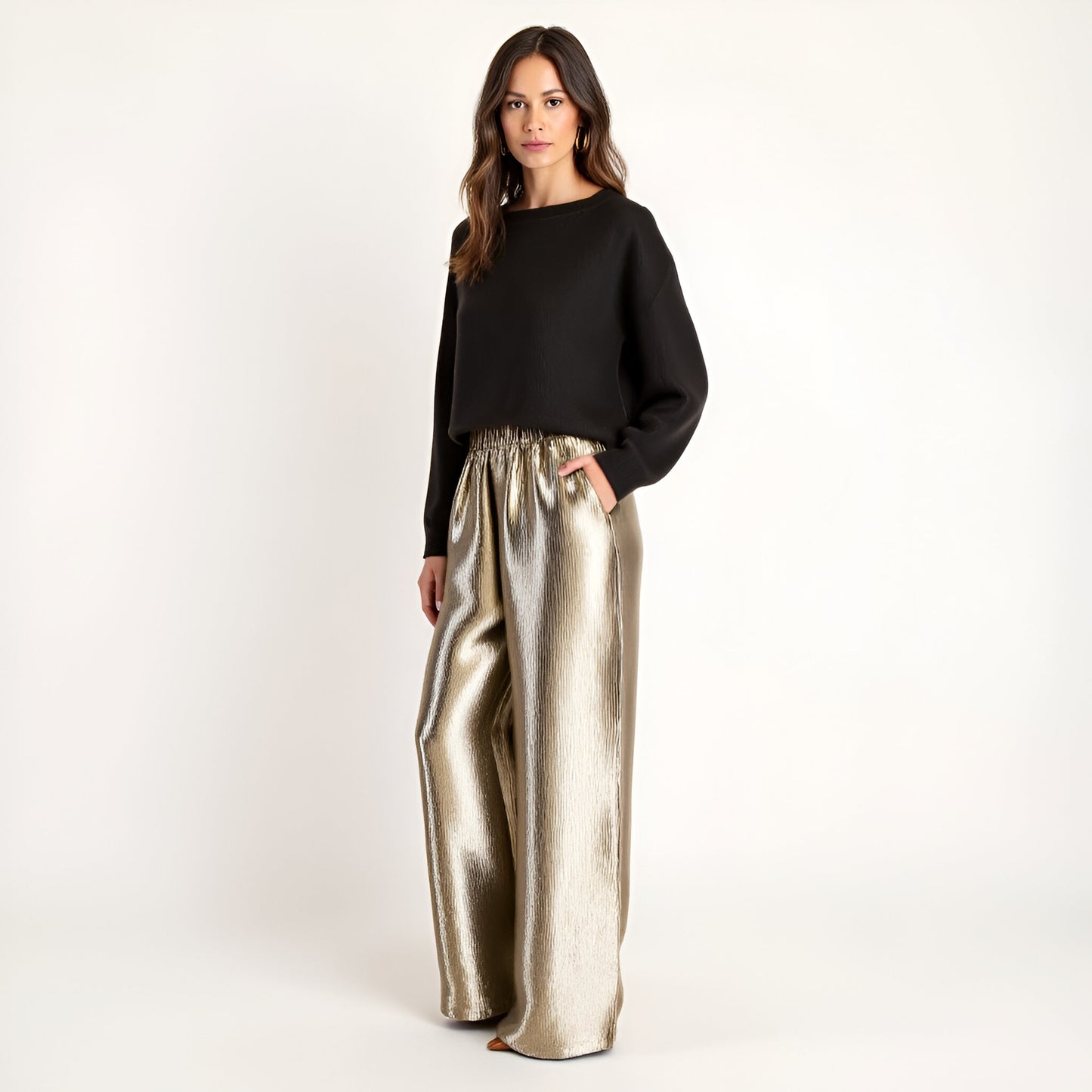 Wide Leg Satin Pants with Elastic Waist and Flowing Full-Length Fit