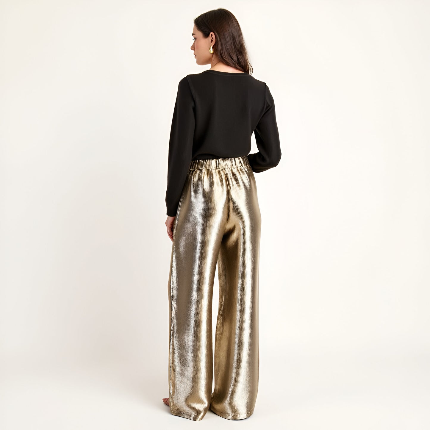 Wide Leg Satin Pants with Elastic Waist and Flowing Full-Length Fit