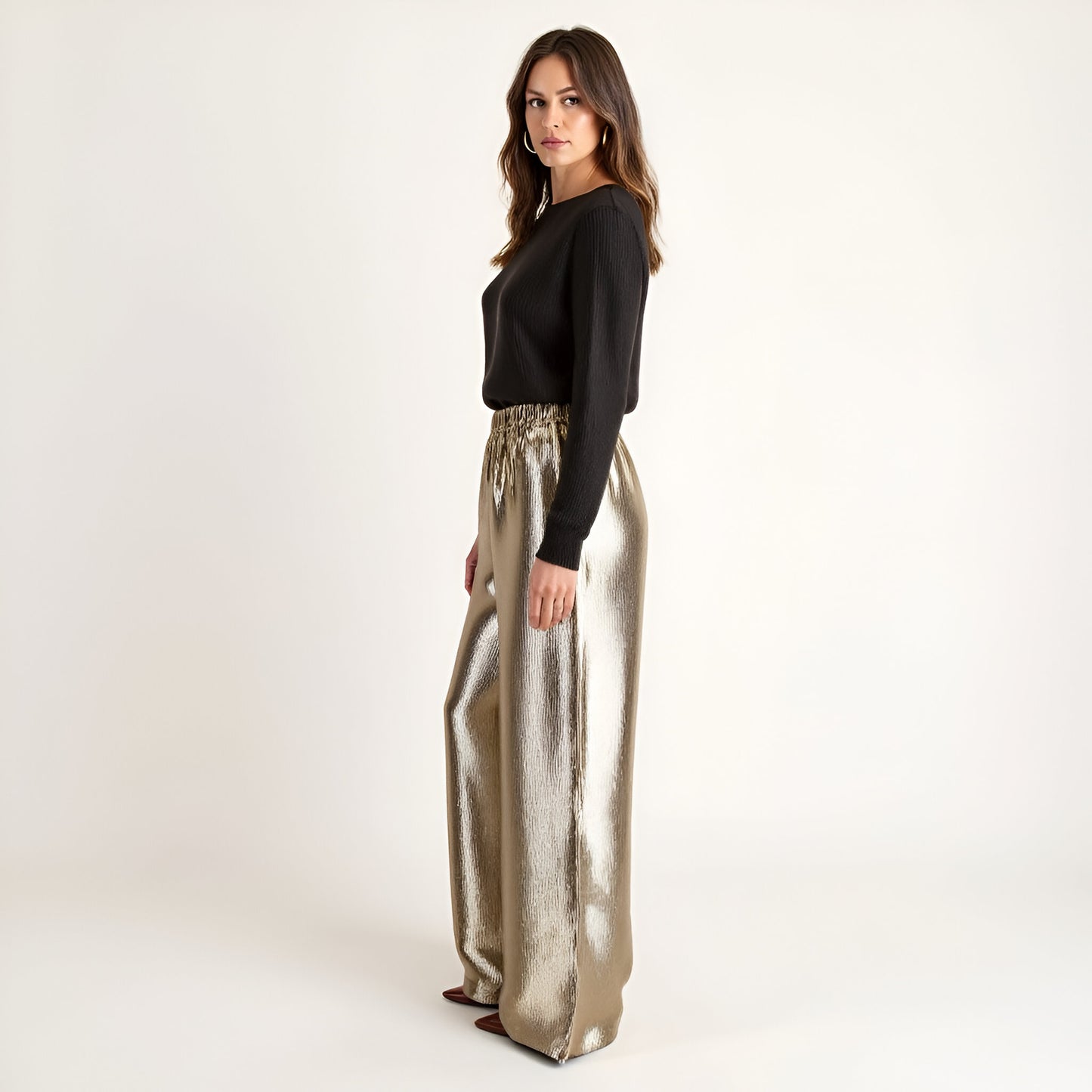 Wide Leg Satin Pants with Elastic Waist and Flowing Full-Length Fit