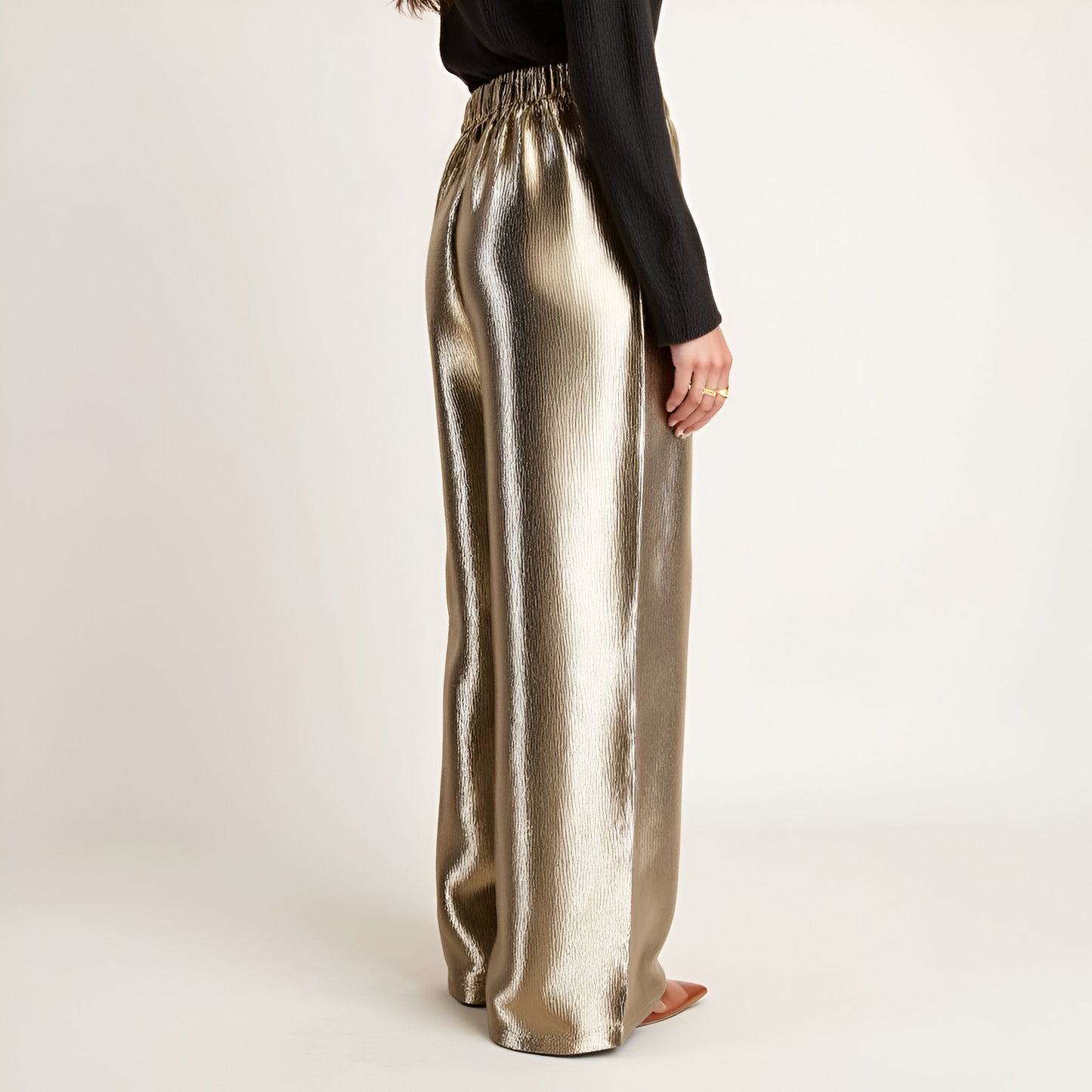 Wide Leg Satin Pants with Elastic Waist and Flowing Full-Length Fit