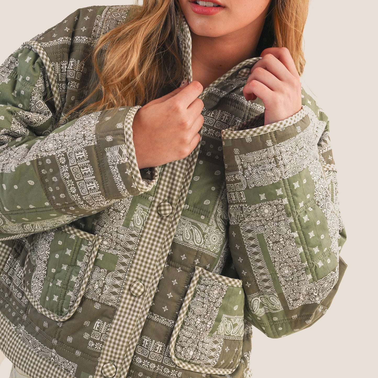 Patchwork Quilted Jacket with Bandana Print, Gingham Trim and Gold Buttons
