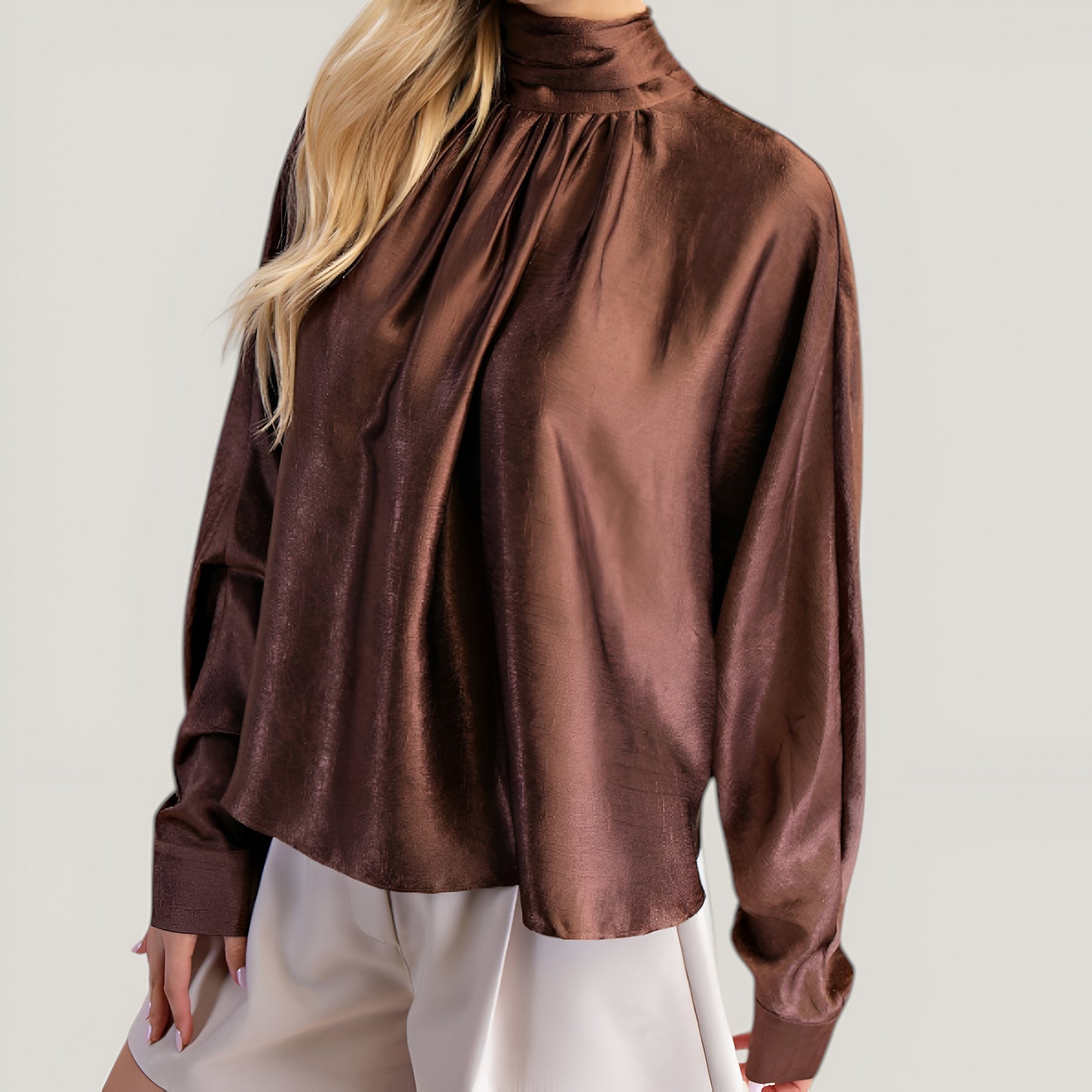 Satin Long Sleeve Blouse with Gathered Neckline and Tie Back Bow