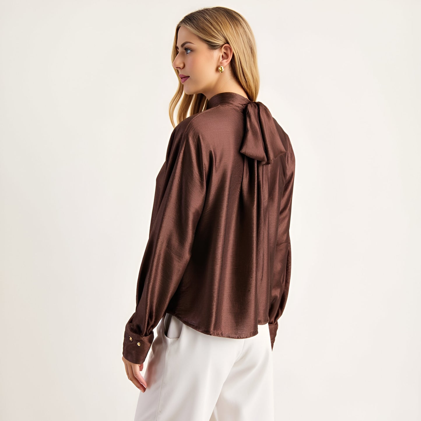 Satin Long Sleeve Blouse with Gathered Neckline and Tie Back Bow