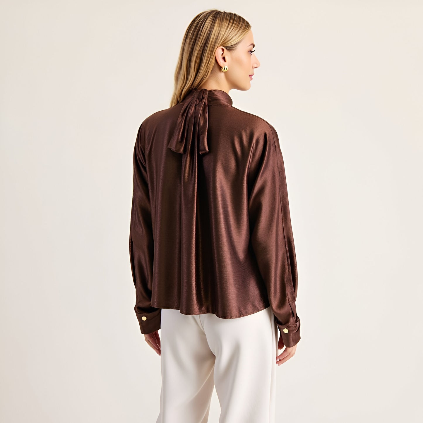 Satin Long Sleeve Blouse with Gathered Neckline and Tie Back Bow