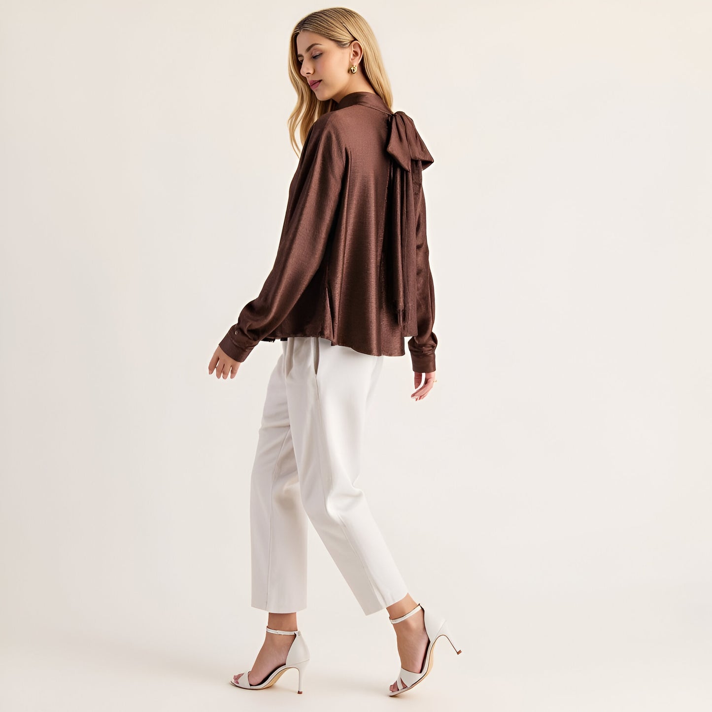 Satin Long Sleeve Blouse with Gathered Neckline and Tie Back Bow