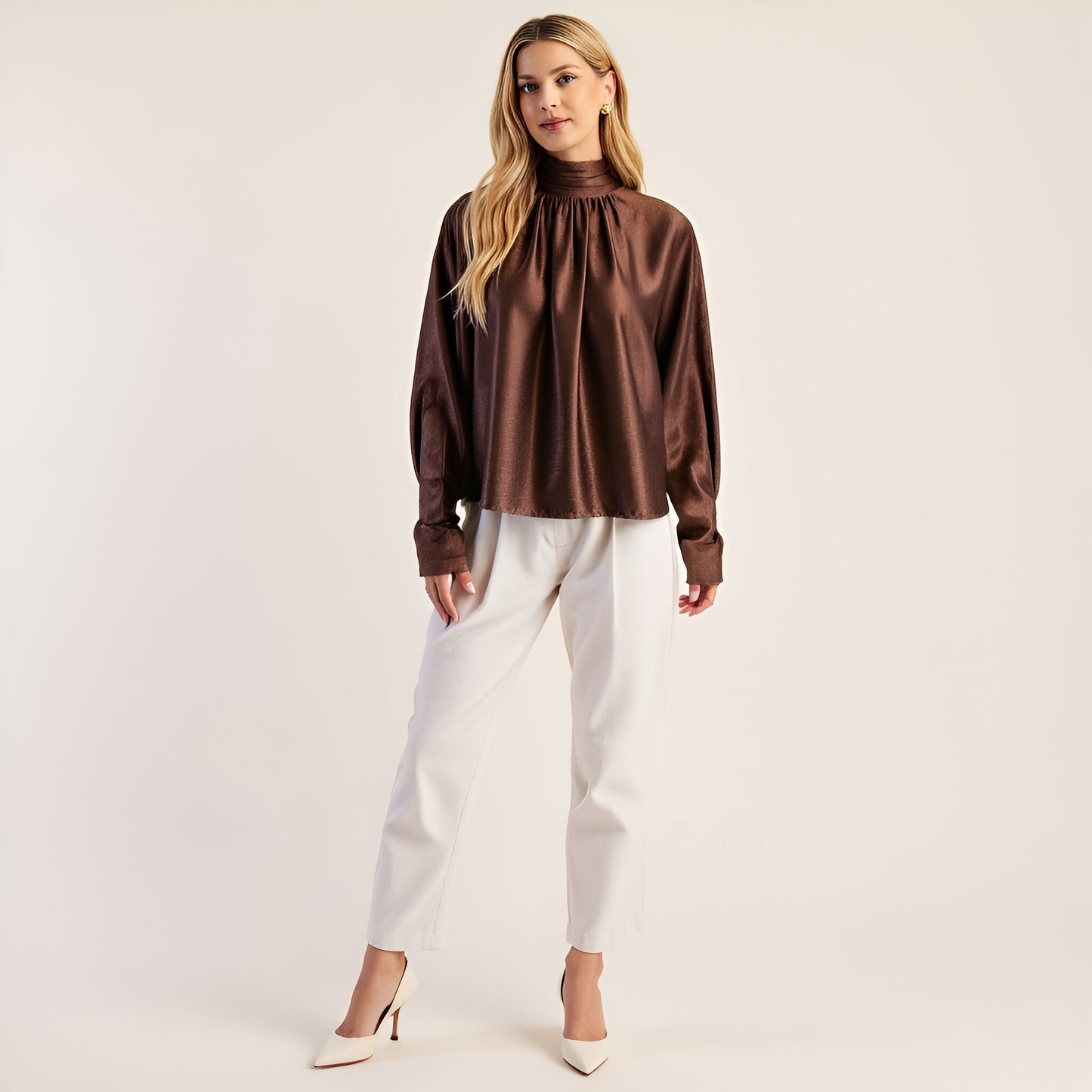 Satin Long Sleeve Blouse with Gathered Neckline and Tie Back Bow